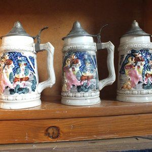 Mid-Century Beer Stein Set of Three with Metal Lids